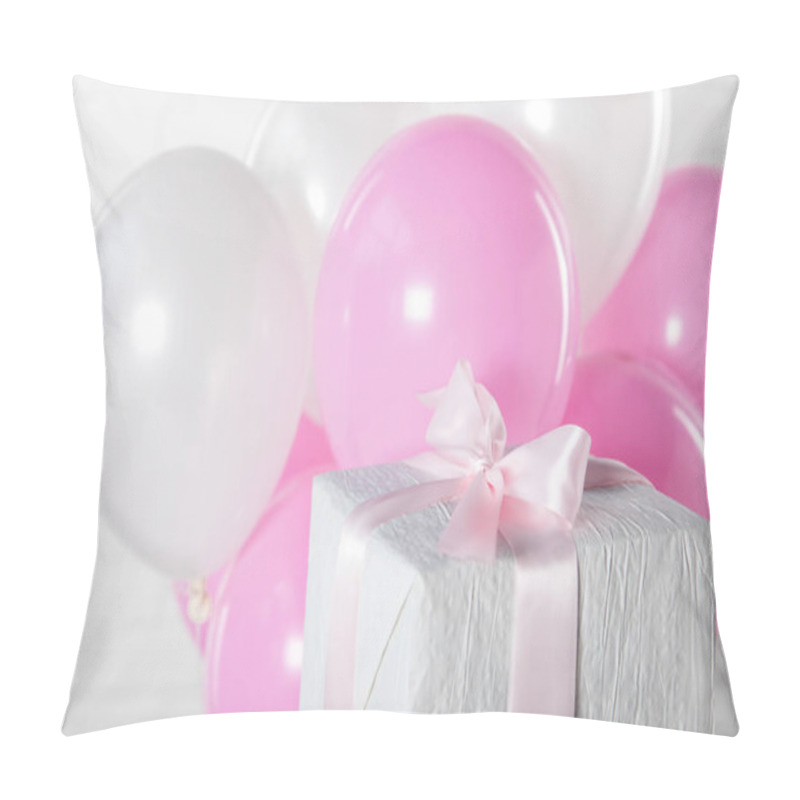 Personality  Gift Box And Balloons On White Brick Wall Background Pillow Covers