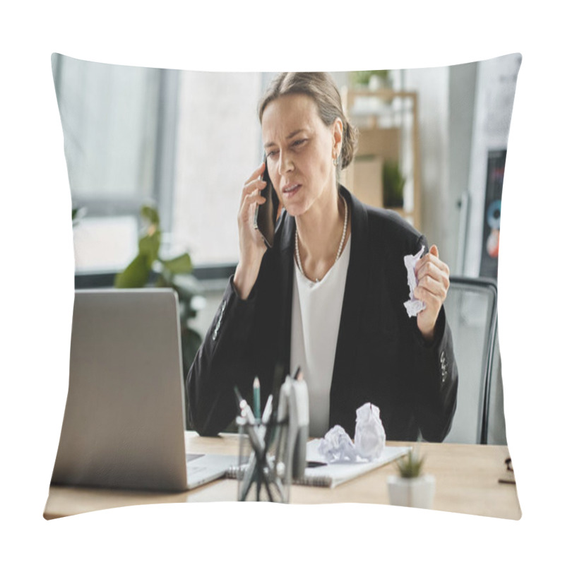 Personality  A Middle-aged Woman Talks On The Phone At Her Desk, Showing Signs Of Stress And Mental Fatigue. Pillow Covers