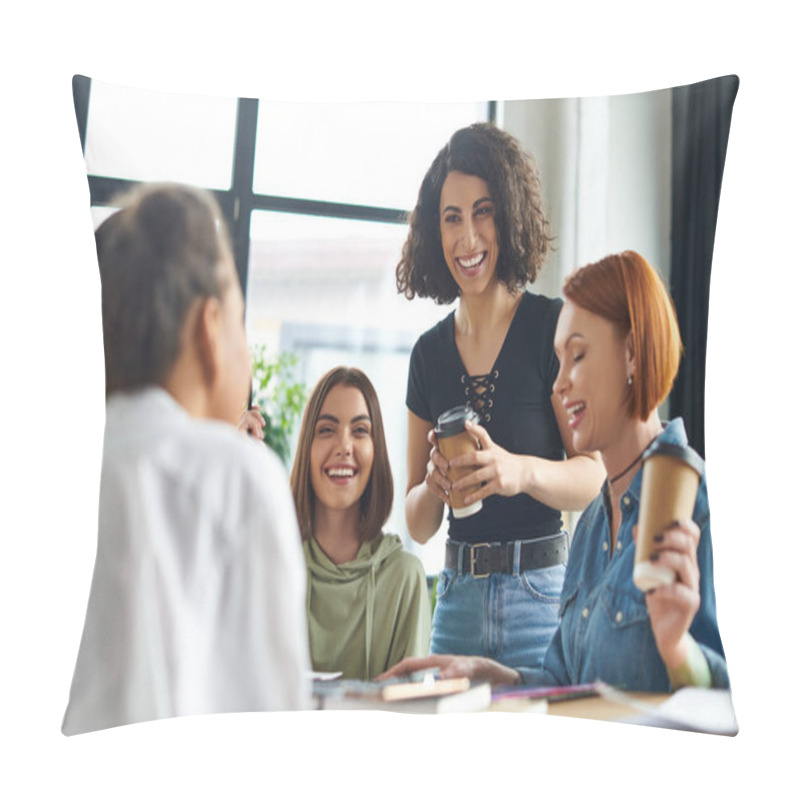 Personality  Excited Multiracial Woman Standing With Paper Cup Of Coffee To Go During Conversation With Multiethnic Female Friends In Interest Club, Spending Time In Friendly Diverse Community Pillow Covers