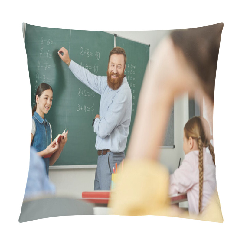 Personality  A Male Teacher Stands Before A Blackboard In A Vibrant Classroom, Instructing A Group Of Children With Enthusiasm And Expertise. Pillow Covers