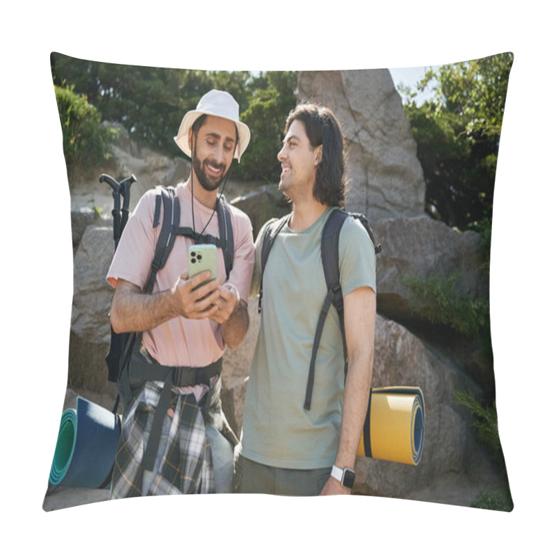 Personality  Two Young Men, A Gay Couple, Enjoy A Hiking Trip Through Scenic Wilderness. They Are Smiling And Happy, Looking At A Phone. Pillow Covers