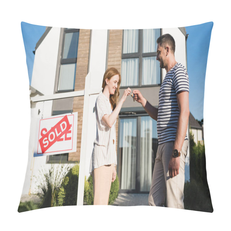 Personality  Happy Wife Taking Key From Husband Near Sign With Sold Lettering And Modern House On Background Pillow Covers