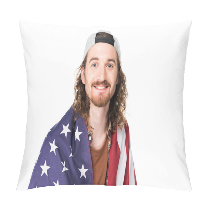 Personality  Portrait Shot Of Young Handsome Man With American Flag On Shoulders, Looking At Camera Isolated On White Pillow Covers