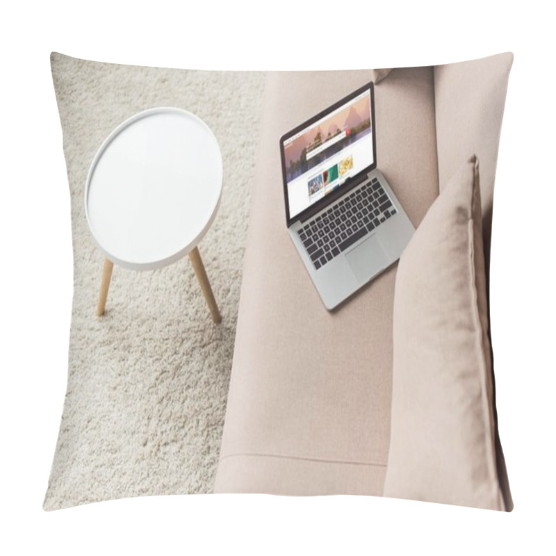 Personality  High Angle View Of Laptop Standing On Cozy Couch With Shutterstock Homepage Website On Screen Pillow Covers