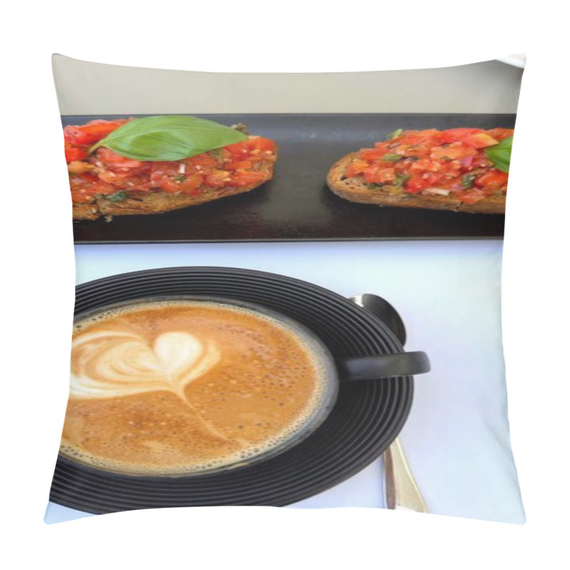 Personality  Bruschetta Crafted With Fresh Produce And Served With Coffee Honors Italys Historic Culinary Roots And Celebrates Mediterranean Sustainability. Authentic Bruschetta Coffee Pairing. Pillow Covers