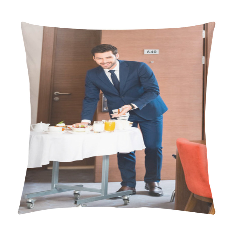 Personality  Happy Receptionist In Formal Wear Gesturing Near Breakfast In Hotel Room  Pillow Covers