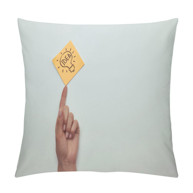 Personality  Cropped Image Of Girl Pointing On Note Paper With Word Idea In Lightbulb Isolated On White Pillow Covers