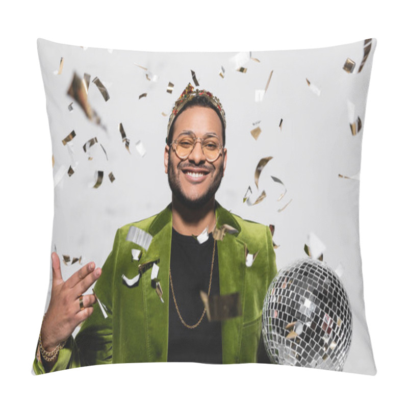 Personality  Happy Indian Hip Hop Performer In Green Velvet Blazer And Crown Holding Disco Ball Near Falling Confetti On Grey Pillow Covers