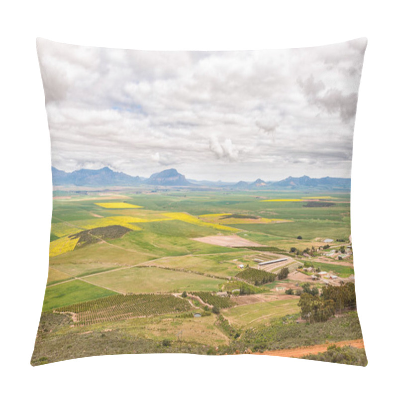 Personality  CITRUSDAL, SOUTH AFRICA, AUGUST 22, 2018: A Farm Landscape As Seen From The Piekenierskloof Pass Between Piketberg And Citrusdal In The Western Cape Province. Farm Buildings, Canola And Corn Fields Are Visible Pillow Covers