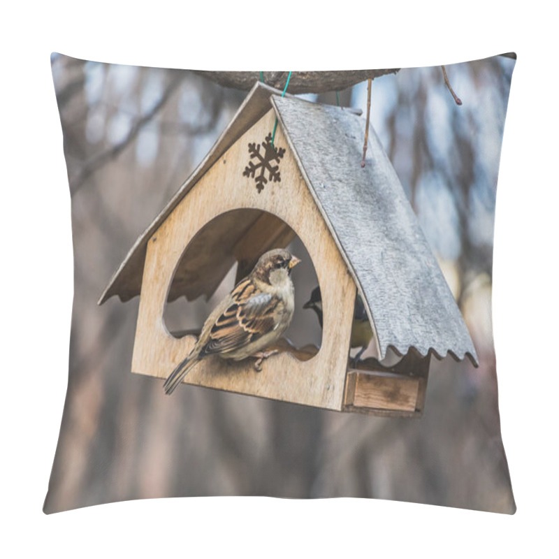 Personality  Two Birds One Gray And Brown Sparrow And One Tit Are In An Old Yellow Bird And Squirrel Feeder House From Plywood In The Park In Autumn Pillow Covers