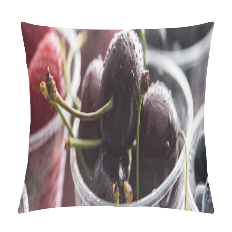 Personality  Panoramic Shot Of Fresh And Ripe Cherries With Drops, Blueberries And Strawberries In Plastic Cups  Pillow Covers