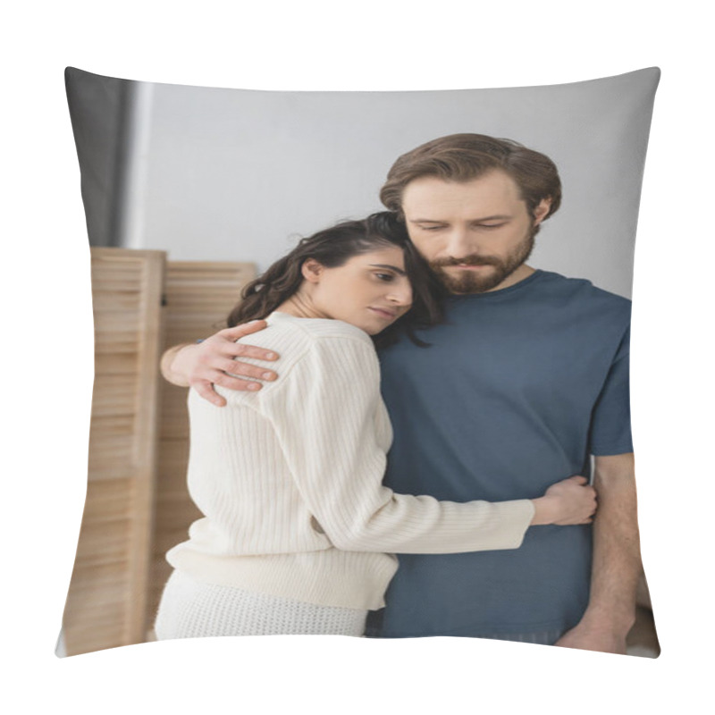 Personality  Sad Couple In Pajama Hugging At Home In Morning  Pillow Covers