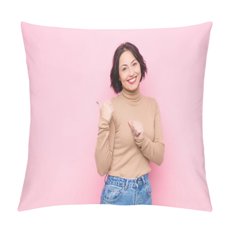 Personality  Young Pretty Woman Smiling Cheerfully And Casually Pointing To Copy Space On The Side, Feeling Happy And Satisfied Against Pink Wall Pillow Covers