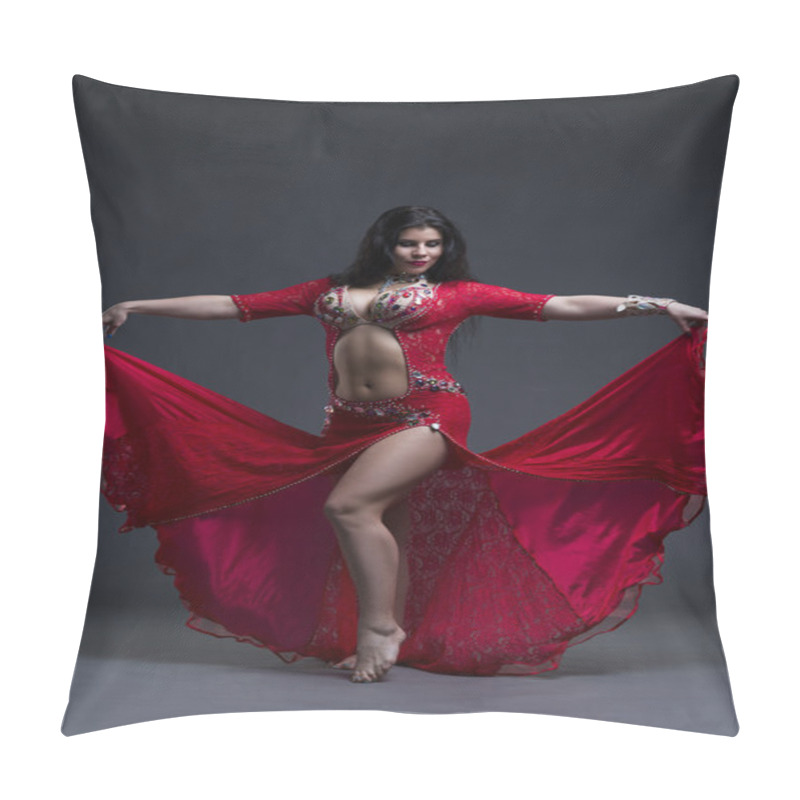 Personality  Young Beautiful Exotic Eastern Women Performs Belly Dance In Ethnic Red Dress On Gray Background Pillow Covers