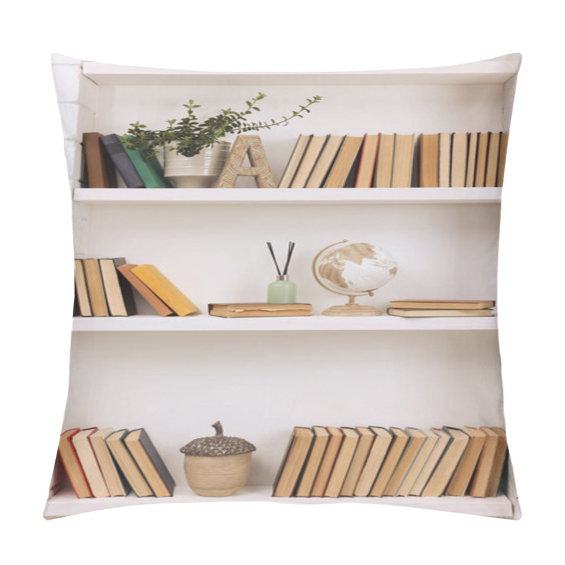 Personality  Collection Of Books And Decor Elements On Shelves Indoors Pillow Covers