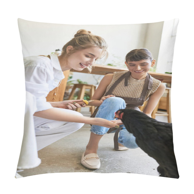 Personality  A Woman Lovingly Pets A Chicken While Another Woman Looks On Tenderly In An Art Studio. Pillow Covers