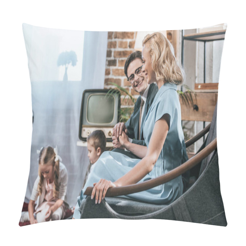 Personality  Happy Old-fashioned Parents Sitting On Sofa And Holding Hands While Children Playing With Domino Tiles, 1950s Style  Pillow Covers