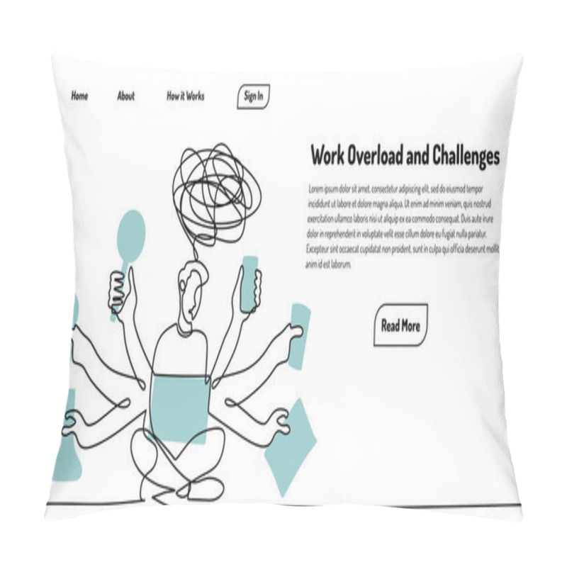 Personality  Multitasking Man Managing Various Tasks In Continuous One Line Drawing. Representing Productivity, Work Overload, And Balancing Responsibilities. Vector Illustration. Pillow Covers