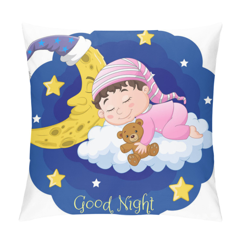 Personality  Vector Illustration Of Cartoon Baby Sleeping With Teddy Bear And Moon On The Clouds Pillow Covers