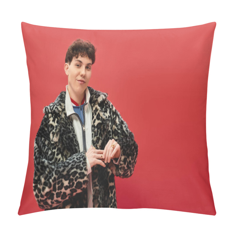 Personality  Handsome Man Poses Confidently While Displaying A Bold, Fashionable Outfit In A Lively Atmosphere. Pillow Covers