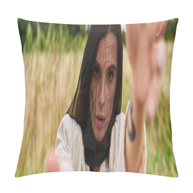 Personality  A Woman In A White Shirt And Black Veil, Soaking In The Gentle Summer Breeze In A Field Of Nature. Pillow Covers