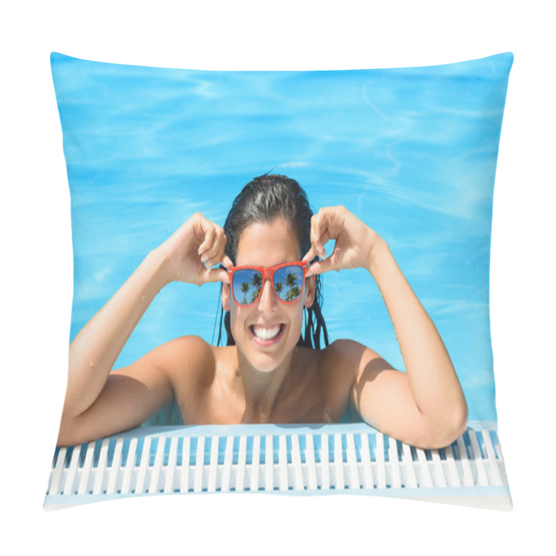 Personality  Happy Woman Enjoying Pool In Tropical Resort On Summer Pillow Covers