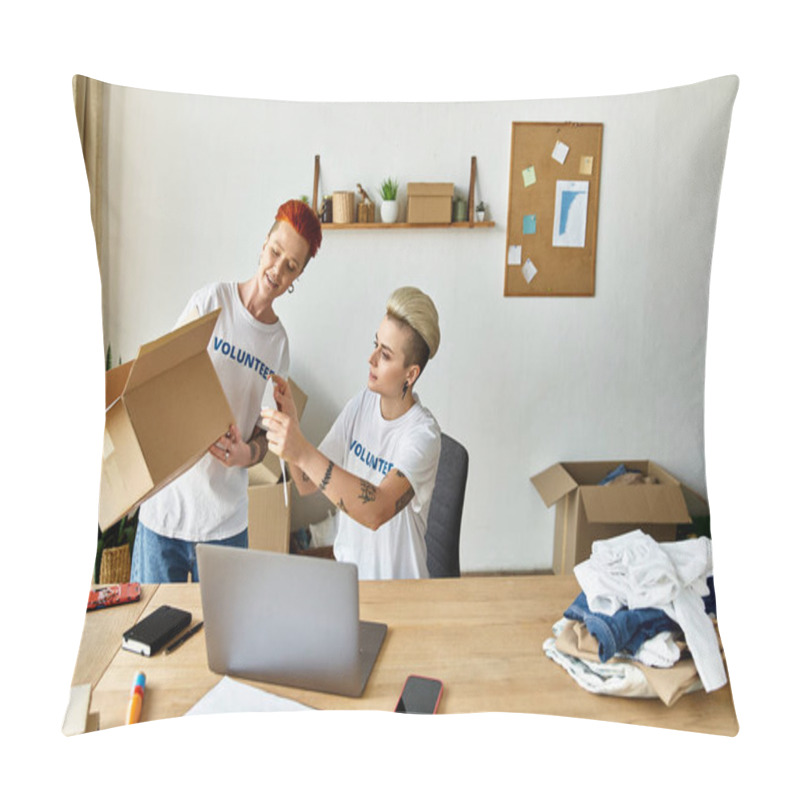 Personality  Women In Volunteer T-shirts Move Boxes Around A Table With Purpose And Teamwork. Pillow Covers