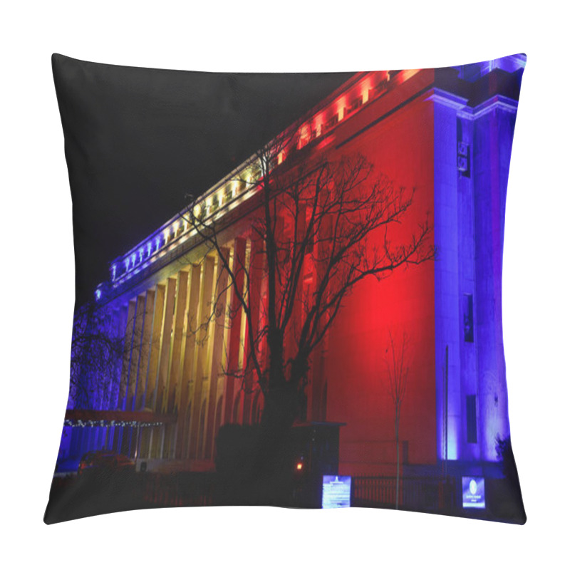 Personality  Bucharest, Romania. 1st Dec, 2024: Victoria Palace, The Seat Of The Romanian Government, Is Illuminated In The Colors Of The Romanian Flag On The Occasion Of Romania's National Day. Pillow Covers