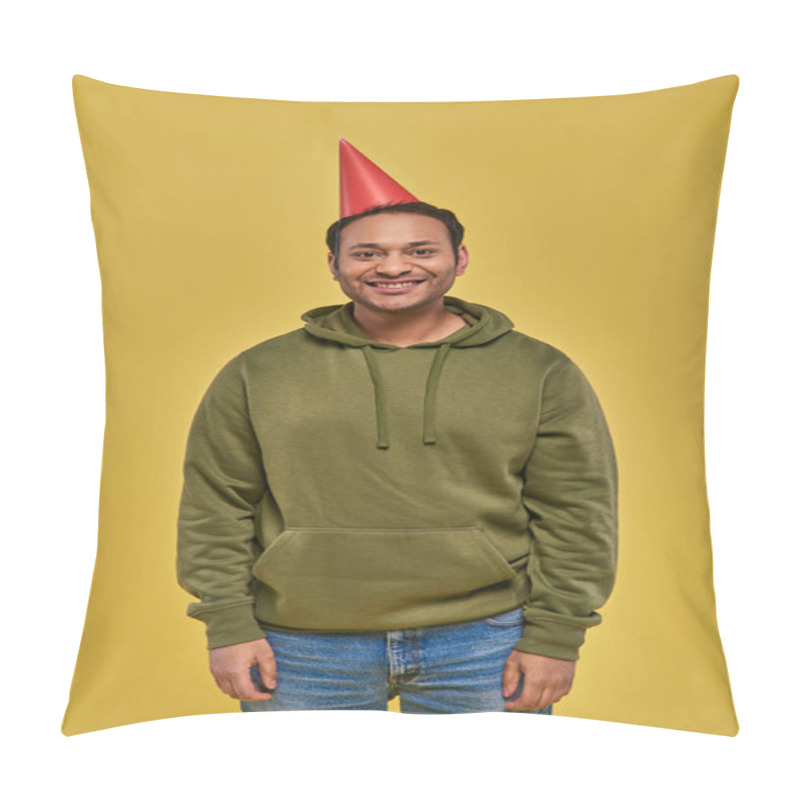 Personality  Joyful Indian Man In Casual Attire And Birthday Hat Smiling At Camera On Yellow Backdrop, Birthday Pillow Covers