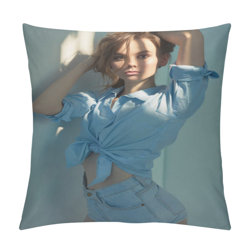 Personality  Lifestyle Portrait Of Young Woman With Curly Hair. Pillow Covers