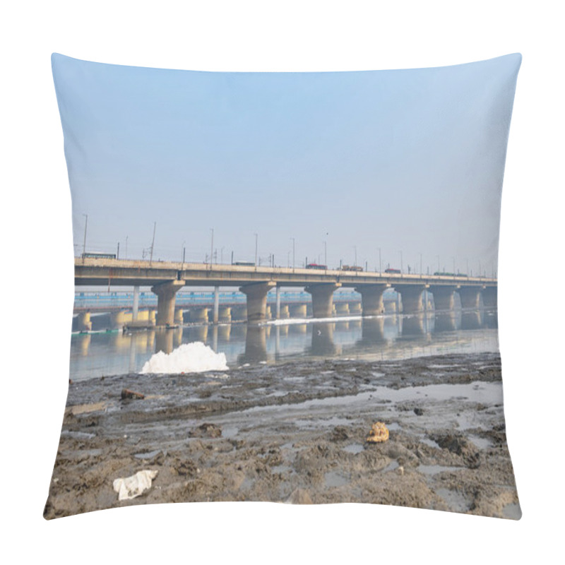 Personality  Road Bridge With Polluted River With Industrial And Domestic Effluents Toxic Foam At Morning Image Is Taken At Yamuna River Okhla Barrage Delhi India. Pillow Covers