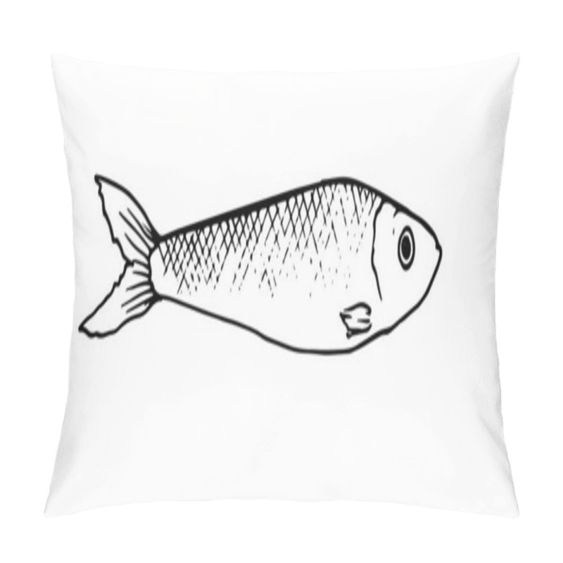 Personality  Vector Graphic Of Small Fish, Drawn In The Style Of Linear Art. Sardine Stylized Fish. Drawing Of A Small Sprat, Made In The Style Of Linear Doodle Art. The Seafood Menu Includes Sardines And Sprats. Marine And Oceanic Creatures Isolated By Black Co. Pillow Covers