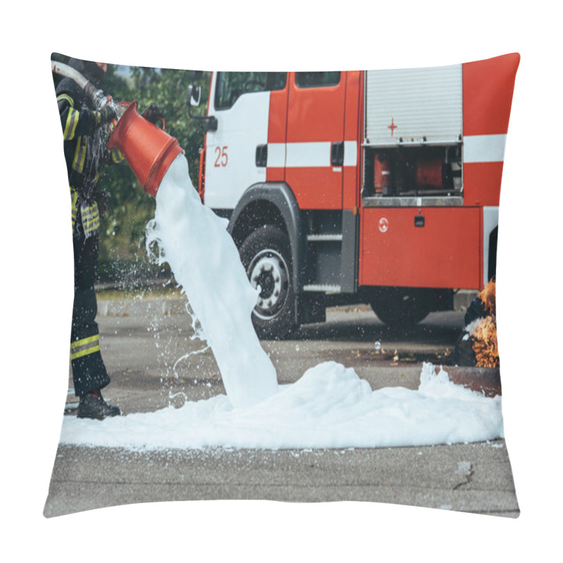 Personality  Partial View Of Firefighter Extinguishing Fire With Foam On Street Pillow Covers