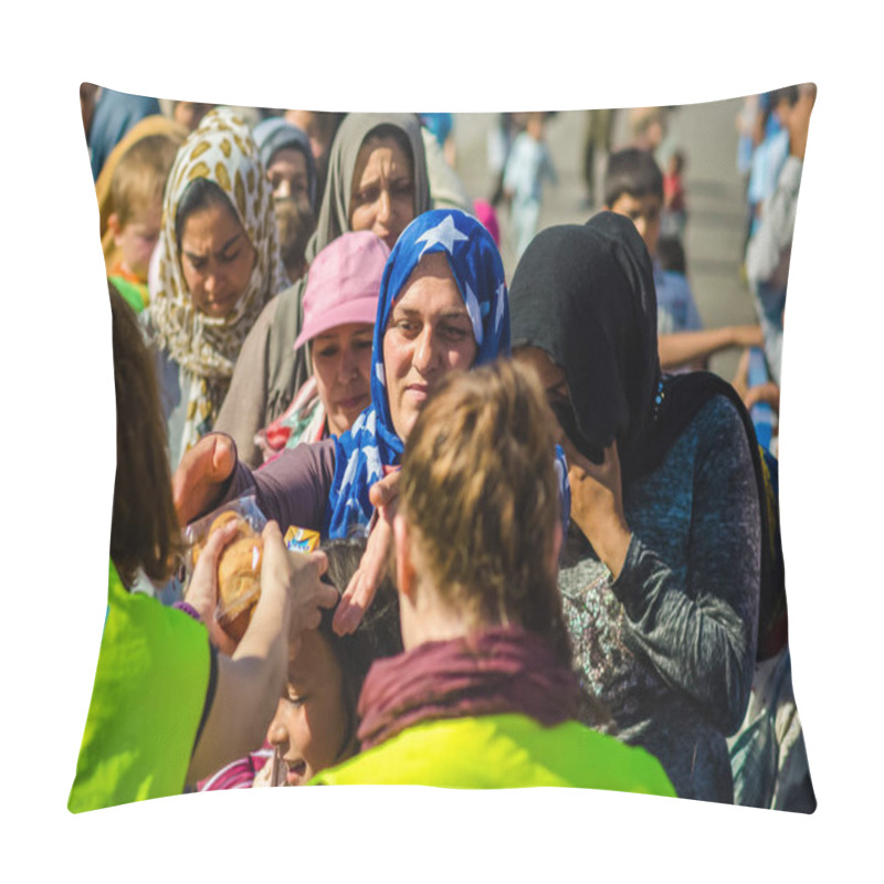 Personality  Refugees Receive Food And Juice From A Charitable Organization In A Camp For Syrian Refugees Pillow Covers