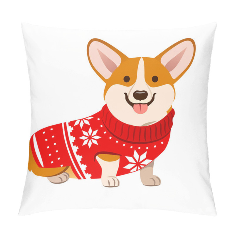 Personality  Corgi Dog Wearing A Christmas Red Sweater With Nordic Snowflake Pattern Vector Cartoon Illustration Isolated On White. Funny Humorous Christmas, Pet Lover, Pet Clothes Theme Design Element. Pillow Covers