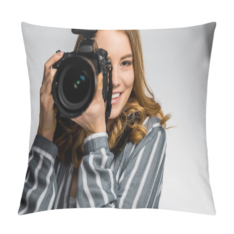 Personality  Beautiful Smiling Girl Using Photo Camera In Studio Pillow Covers