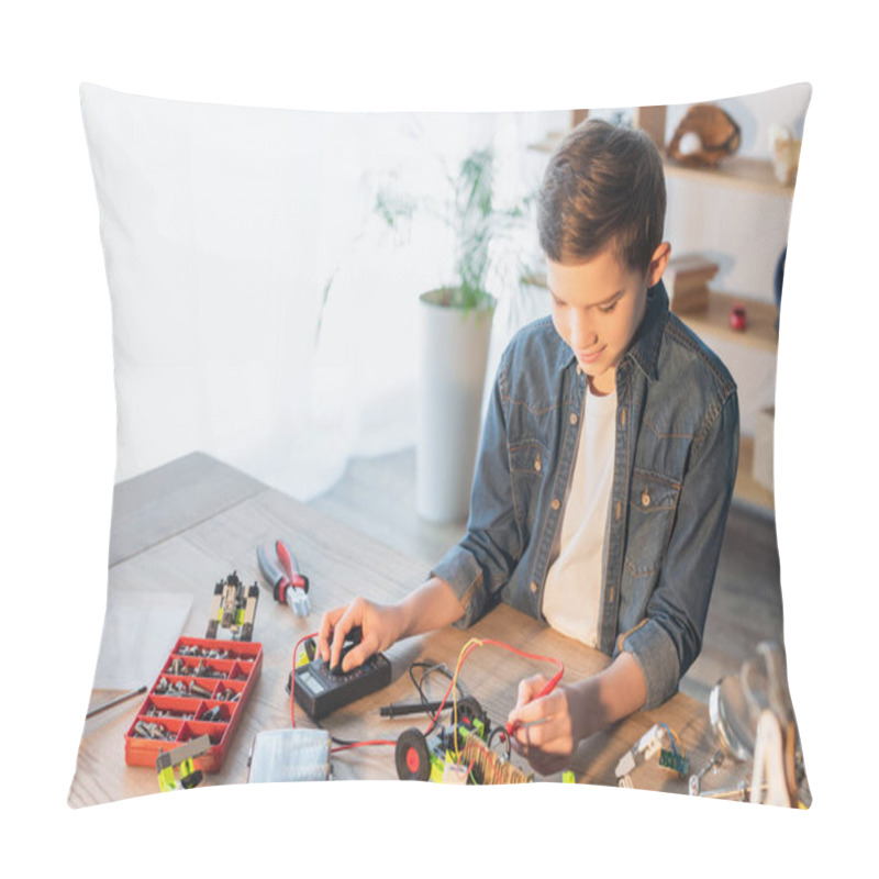 Personality  Preteen Boy Making Robotic Model With Millimeter Near Tools And Screws At Home  Pillow Covers