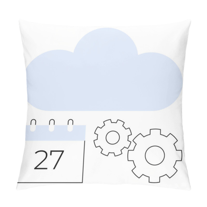 Personality  Cloud With Calendar Marked 27 And Three Cogwheels Representing Synchronization And Workflow Optimization. Ideal For Productivity, Scheduling, Cloud Storage, Task Management, Efficiency Pillow Covers