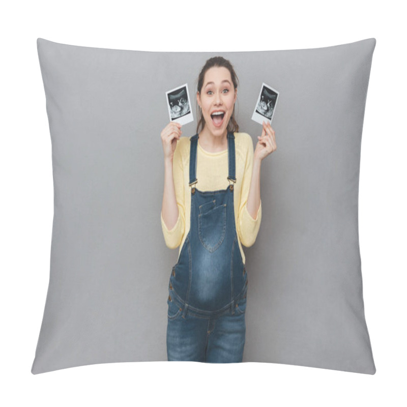 Personality  Happy Pregnant Woman Holding Ultrasound Scans Pillow Covers