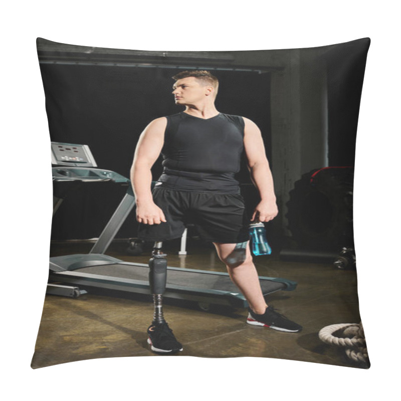 Personality  A Disabled Man With A Prosthetic Leg Stands On A Treadmill In A Gym, Determined And Focused On His Workout Routine. Pillow Covers