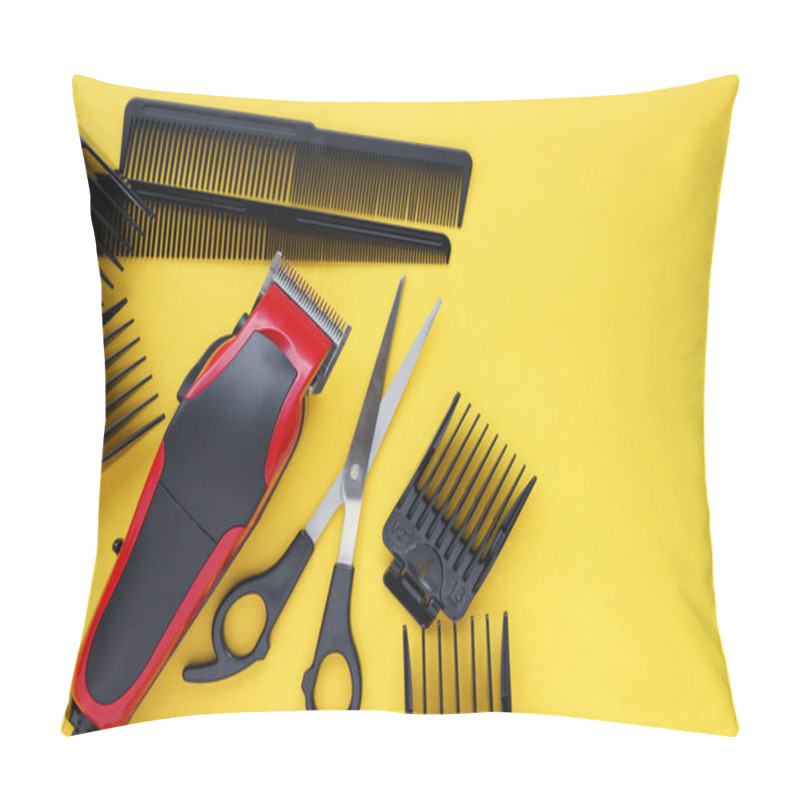 Personality  Hairdressers Tool. Hair Clipper Close-up On A Yellow Background With Nozzles Of Different Sizes, Scissors And Combs. Pillow Covers