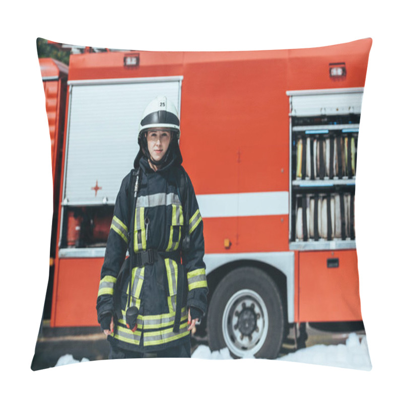 Personality  Female Firefighter In Protective Uniform Standing On Street With Red Fire Truck Behind Pillow Covers