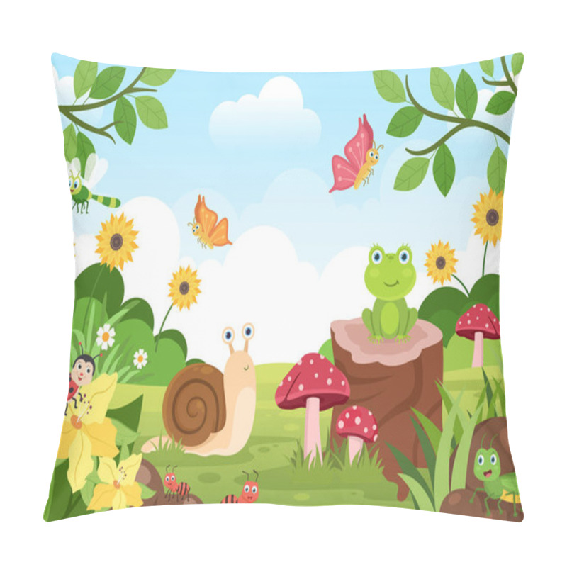 Personality  Beautiful Garden Cartoon Background Illustration With Scenery Nature Of Plants, Various Animals, Flowers, Tree And Green Grass In Flat Design Style Pillow Covers