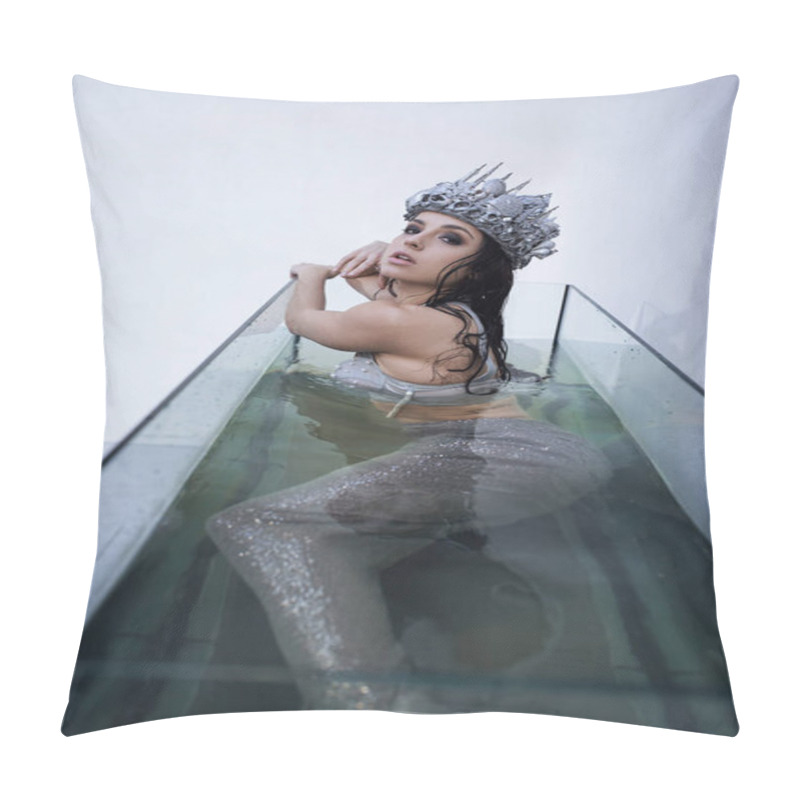 Personality  A Young Woman, Dressed As A Mermaid, With Long Dark Hair, Sits In A Glass Enclosure Filled With Water, Wearing A Silver Crown. Pillow Covers