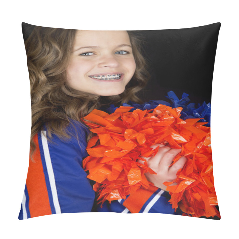 Personality  Portrait Of Teen Cheerleader Holding Pom Poms Smiling With Brace Pillow Covers