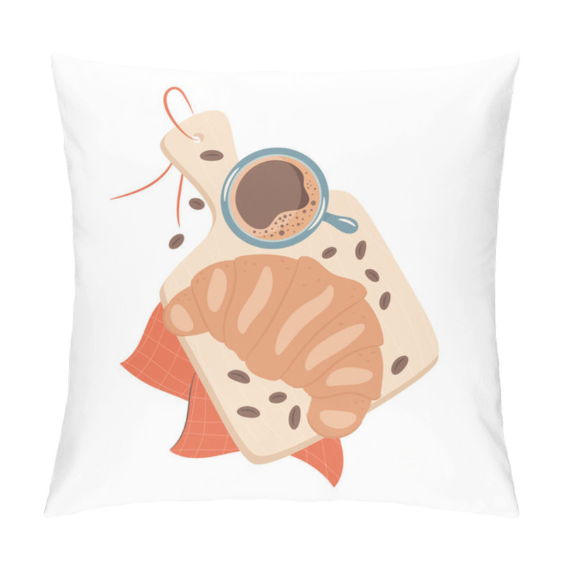 Personality  Hot Coffee And Croissant On The Wooden Tray. Vector Illustration  Pillow Covers