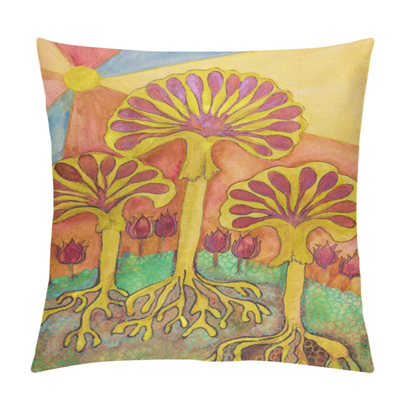 Personality  Golden Decorative Mushrooms In Sunshine. The Dabbing Technique Near The Edges Gives A Soft Focus Effect Due To The Altered Surface Roughness Of The Paper. Pillow Covers