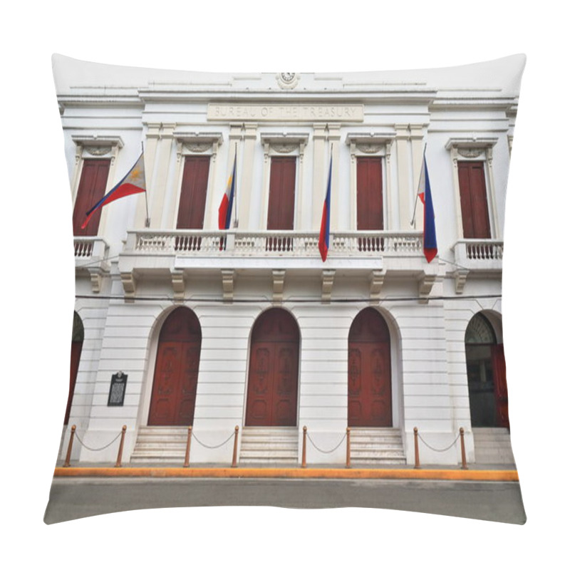 Personality  The Bureau Of The Treasury Building Is A Reconstruction Of The Ancient Ayuntamiento-City Council Destroyed In WWII. Facade Facing Daan Cabildo St.-Plaza De Roma Square. Intramuros-Manila-Philippines. Pillow Covers