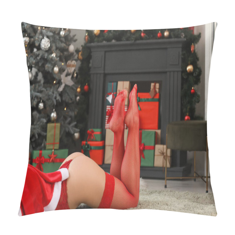 Personality  Sexy Young Woman In Santa Costume At Home On Christmas Eve Pillow Covers