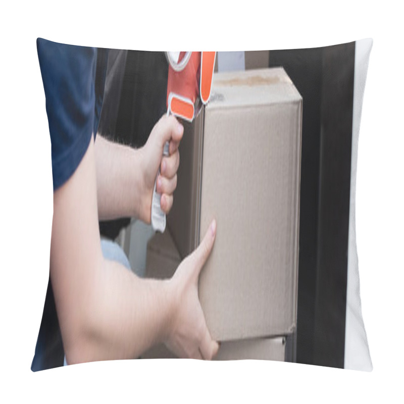 Personality  Cropped View Of Delivery Man Holding Adhesive Tape Near Cardboard Boxes In Car, Banner  Pillow Covers